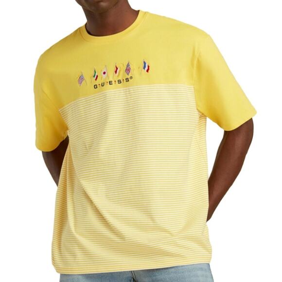 GUESS Mens Summer Games Yellow Striped Short Sleeve Classic Fit T-Shirt Small - Picture 1 of 5